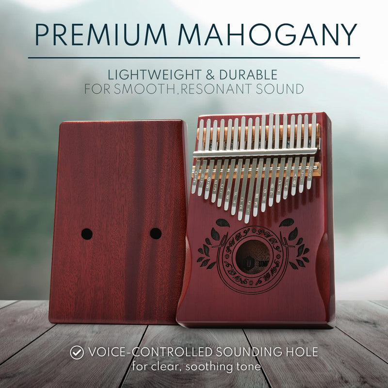 UNOKKI Mahogany Kalimba (Cherry, Glossy Finish) – Thumb Piano with Hand Rest & 17 Keys – Personal Musical Instrument for Kids & Adults, Beginners to Professionals – Includes Tuning Hammer & More Carrying Bag Cherry