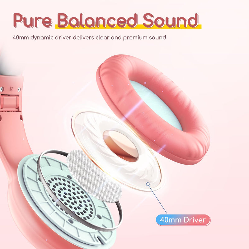 EarFun Kids Headphones Wired with Microphone, 85/94dB Volume Limit Headphones for Kids, Portable Wired Headphones with Shareport, Stereo Sound Foldable Headset for School/Tablet/iPad/Kindle Pink Pink Blue