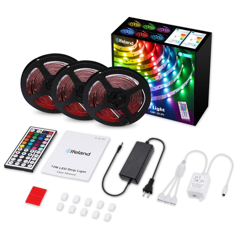 Elfeland LED Strip Lights 39.3FT/12M 5050 RGB Light Strips Color Changing Rope Lights Flexible Tape Light Kit with 44 Keys Remote Controller & 12V 5A Power Supply