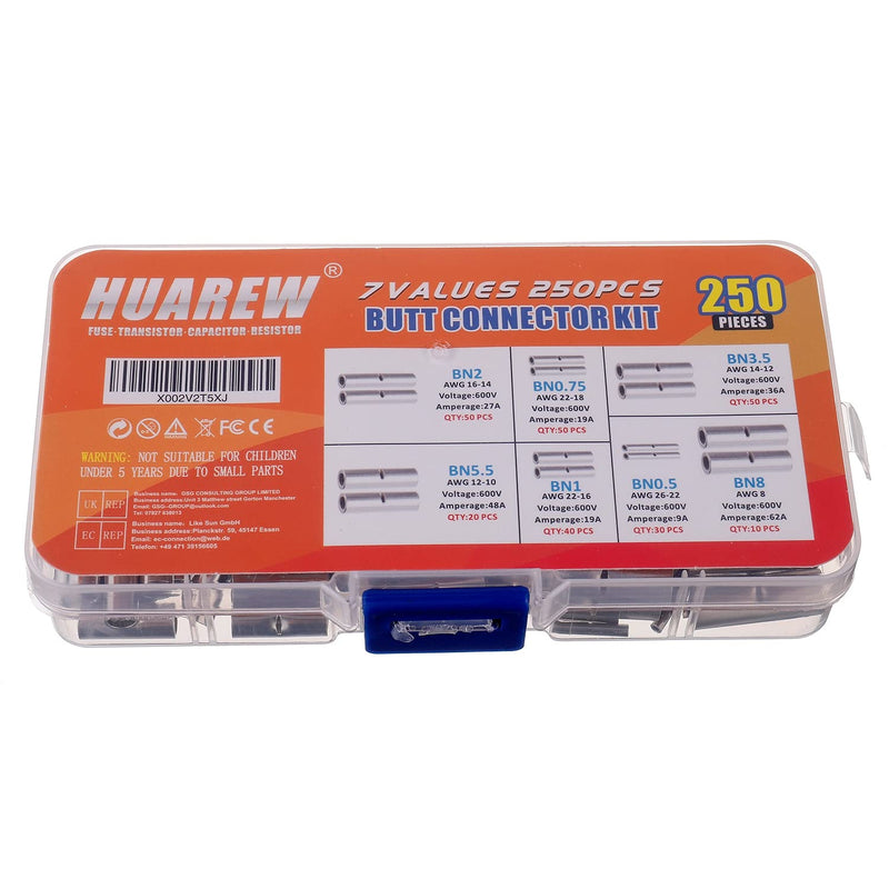 HUAREW 7 Values 250 Pcs 26-22AWG 22-18AWG 22-16AWG 16-14AWG 14-12AWG 12-10AWG 8AWG Electrical Wire Seamless Non Insulated Butt Connector Crimp Ferrule Terminals