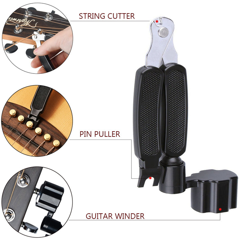 Pro Guitar String Winder Cutter 3 In 1 Bridge Pin Puller Tool (Black)