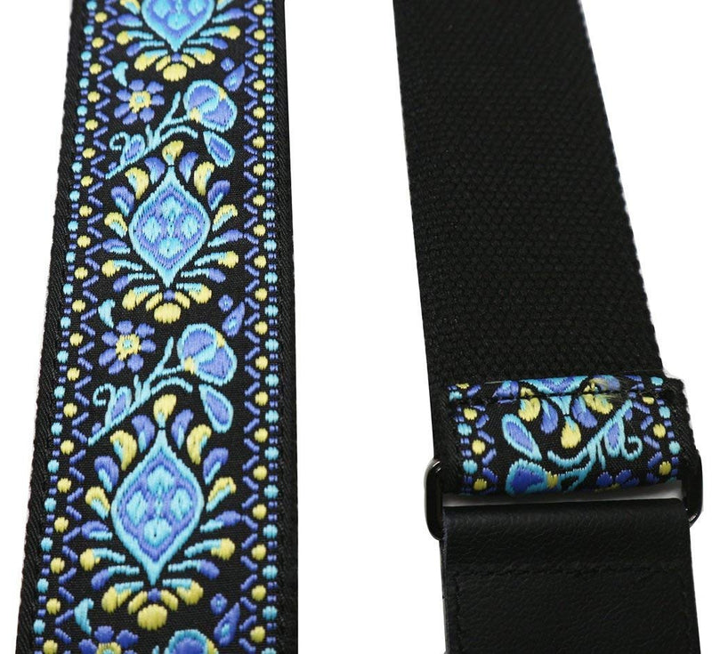 Classical/Acoustic/Bass/Electric Guitar Strap Patterned Design - Leather & Cotton (Blue Flower Pattern) Blue Flower Pattern