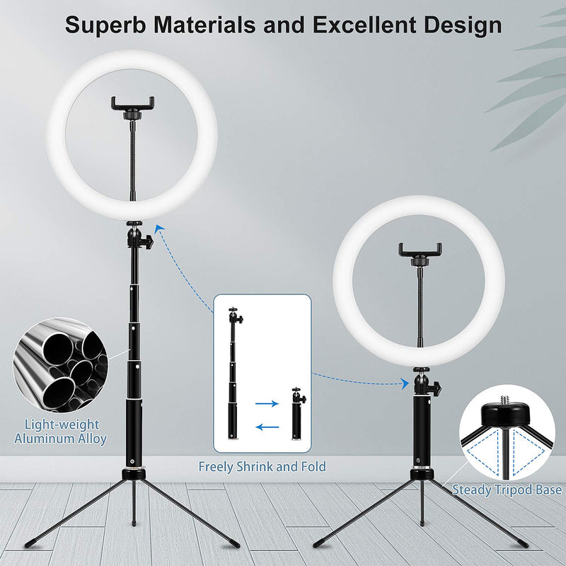 10" Selfie Ring Light with Tripod Stand and Phone Holder, Desktop Circle Light with Remote Shutter, Height Adjustable Ringlight for iPhone, TikTok, Makeup, Video Conference, Zoom Meeting