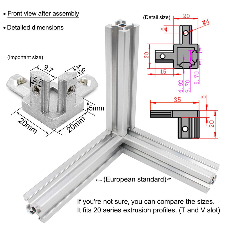 8Pcs 3-Way End Corner Bracket Connector for European Standard Aluminum Extrusion Profile 2020 Series Slot 6mm with Screws