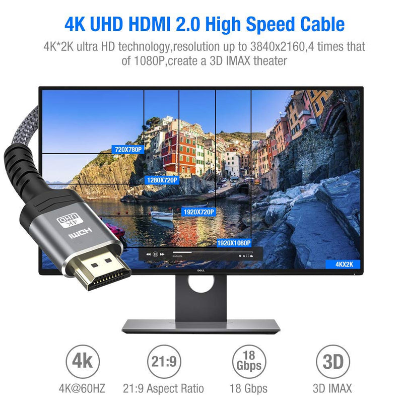 4K@60Hz HDMI Cable 10ft/3M,Highwings High Speed 18Gbps HDMI 2.0 Cable Nylon Braided - Supports Ethernet, 4K HDR, 2160p 1080p 3D HDCP 2.2 ARC HDTV Projector Monitor PS 3/4 Blu-ray 10 feet Grey