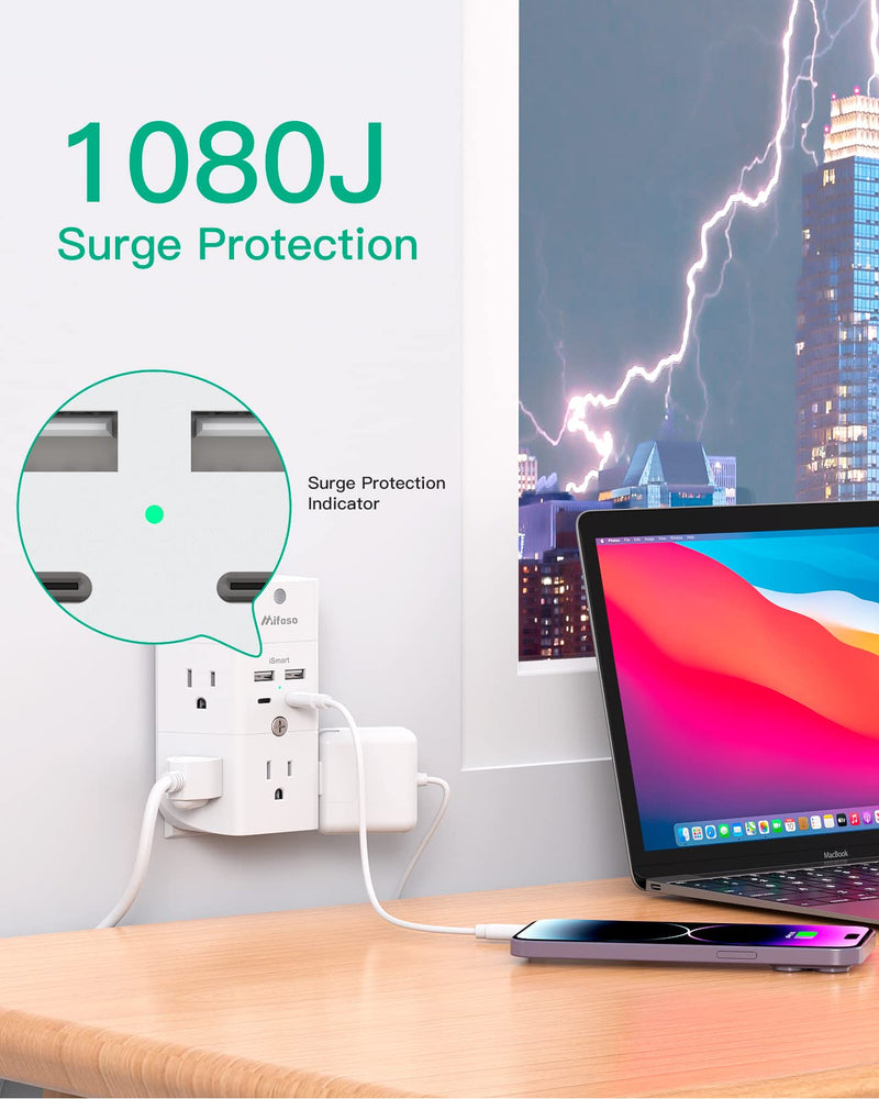 Surge Protector Outlet Extender - with Night Light, 5-Outlet Splitter and 4 USB Ports (2 USB C Charger), Multi Plug Outlet for Home, Dorm Room Essentials with 2 USB-A & 2 USB-C