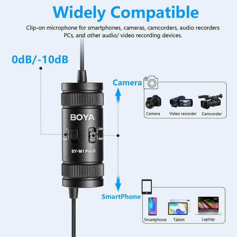 BOYA by-M1 Pro II Lavalier Microphone Noise Cancelling 3.5mm TRS/TRRS Omnidirectional Lapel Mic with Monitoring Port for YouTube Tiktok Interview Broadcast for iPhone/iPad/Smartphone/DSLR Camera BY-M1 Pro Ⅱ