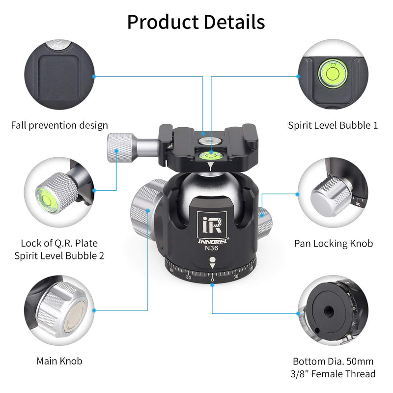 Low Profile Tripod Ball Head-INNOREL N36, Panoramic CNC Metal Camera Tripod Ball Head with Two 1/4" Screw Arca Swiss Quick Release Plates for Tripod,Monopod,DSLR,Camcorder, Max Load 44lbs/20kg