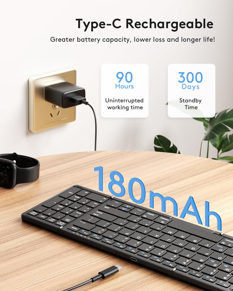 Foldable Bluetooth Keyboard with Numeric Keypad, Samsers Full-Size Wireless Folding Keyboard with PU Leather, Portable Travel Keyboard for iOS Android Windows Mac OS, Support 3 Device(BT5.1 x 3) Black Elegant Black