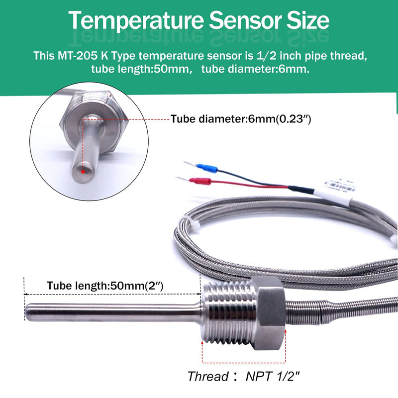 Twidec/2M NPT 1/2"inch (6X50MM) Pipe Thread Temperature Sensor Probe Two Wire Temperature Controller (0~600℃) 304 Stainless Steel K Type Thermocouple MT-205-1/2 1/2" 6x50mm