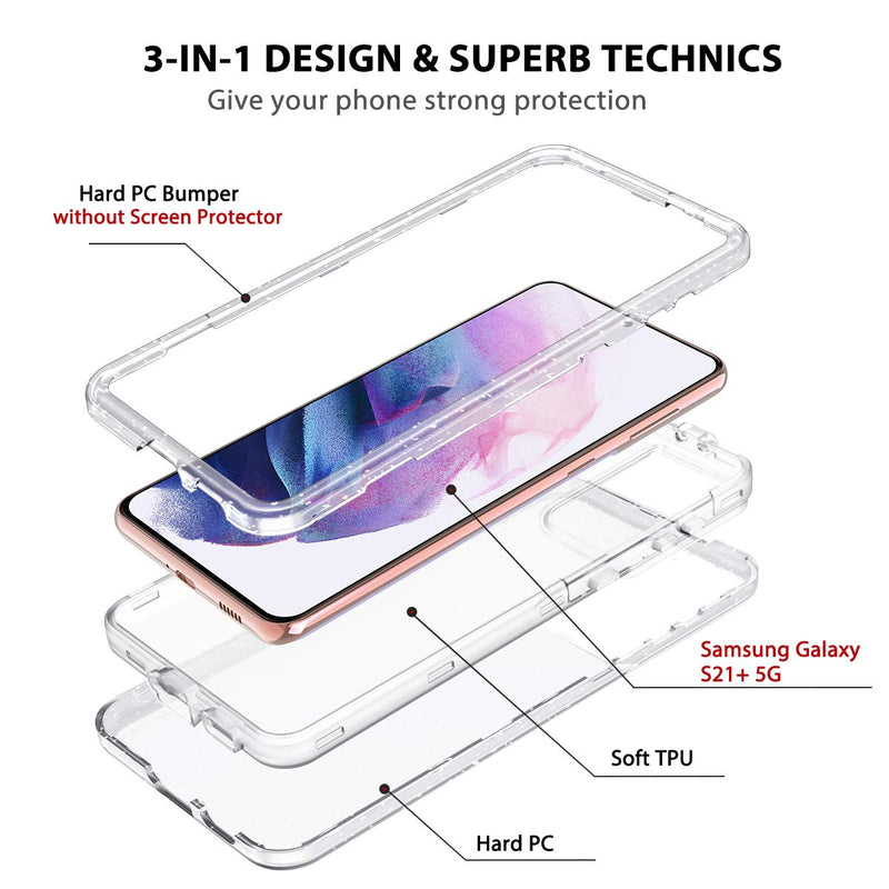 Lamcase for Galaxy S21 Plus Case Crystal Clear Glitter Sparkly Bling Heavy Duty Shockproof Hybrid Three Layer Protective Cover Case for Samsung Galaxy S21 Plus 5G 6.7 inch (2021), Clear/Silver Glitter
