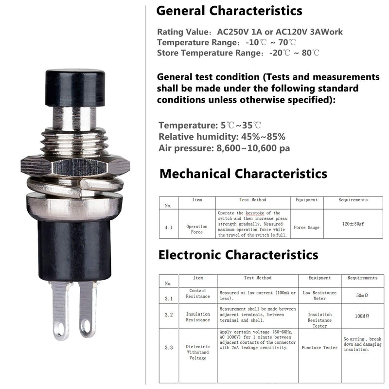 Clyxgs Momentary Push Button Switch, Normal Open(NO) Switch 2 Pin Mini Micro 1A 250V AC Black Cap 30 PCS NO Black-30