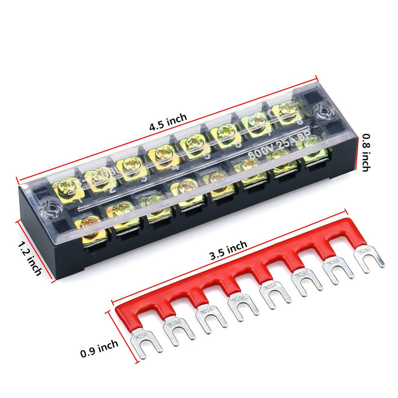 URBEST Terminal Block Barrier Strip 5Pack Dual Row 600V 25A 8 Position Screw Block and 10Pack 8 Postion Pre-Insulated Fork Terminal Strip Black/Red 400V 25A