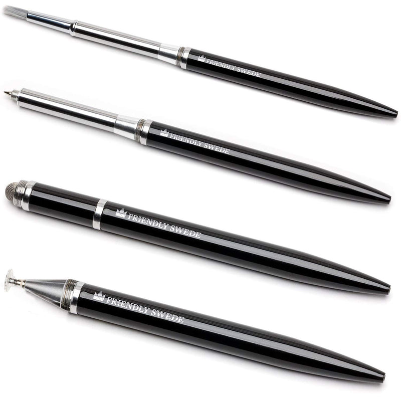 Capacitive 4-in-1 Stylus Pen with Replaceable Brush, Fiber Tip, Precision Disc + Ballpoint Pen in Box, by The Friendly Swede Black