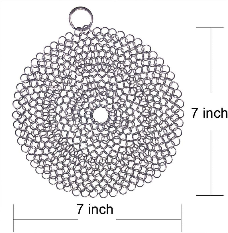 316 Premium Stainless Steel Cast Iron Cleaner, 7"x7"Round Metal Scrubber with Hanging Ring,Chainmail Scrubber for Skillet, Ultra-hygienic Anti-Rust Cast Iron Scraper