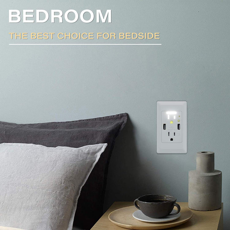 NineLeaf 4.2A LED Night Light Outlet Wall Adapter with 2 AC Outlets and 2 USB Ports Light Sensor Portable for Home White fast charging 2 Packs