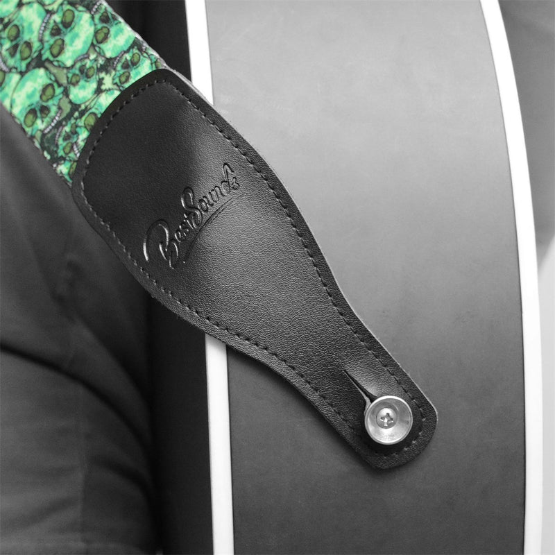 BestSounds Leather Guitar Strap Skull Design - Nylon Strap With Ties For Bass Electric & Acoustic Guitars (Skull-Green) Skull-Green