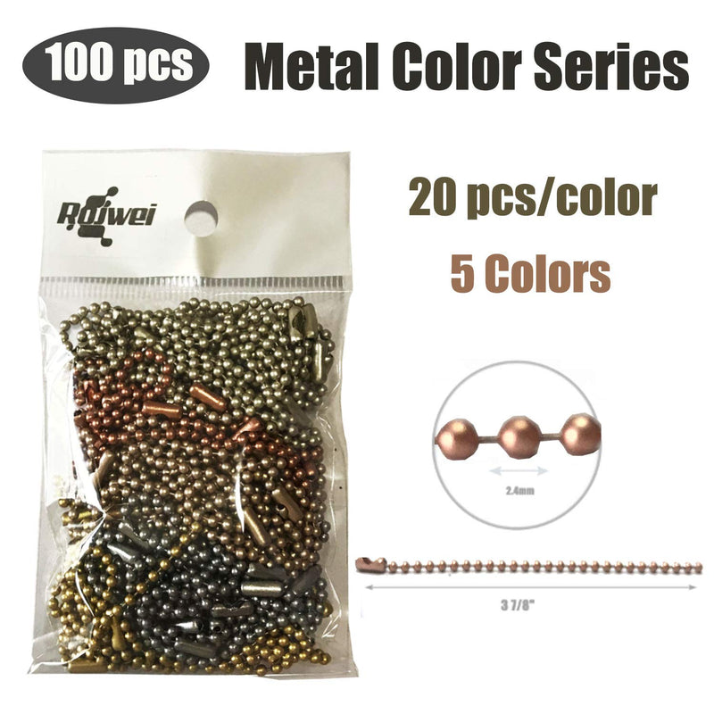 Rojwei 100pcs Metal Ball Chain Keychains，Christmas Mix Colors Tag Chain 10cm Long， 2.4 mm Diameter Bead Size, Complete with a Bead Chain Connector. Perfect for DIY Tags Chain, Keychains, ID Chain. metal colors