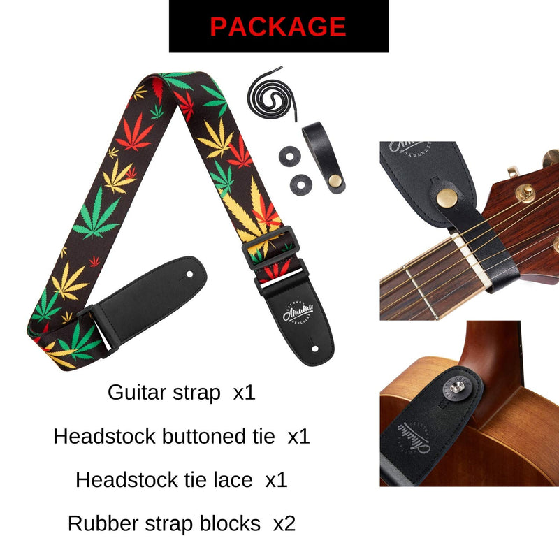 Amumu Reggae Marijuana Leaf Guitar Strap for Acoustic, Electric and Bass Guitars with Strap Blocks & Headstock Strap Tie - 2" Wide