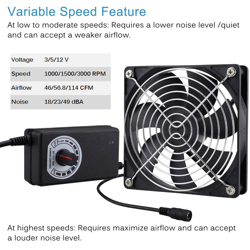 GDSTIME 120mm AC 110V 220V DC 12V Powered Fan with Speed Control, for Receiver Amplifier DVR Playstation Xbox Component Cooling 1225 w/ Speed Controller