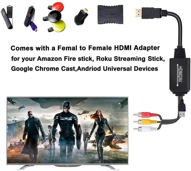 HDMI to RCA Converter, HDMI to RCA Cable, 1080P HDMI to AV Adapter Cable Supports NTSC for TV Stick, Roku, Chromecast, Apple TV, PC, Laptop, Xbox, HDTV, DVD Etc