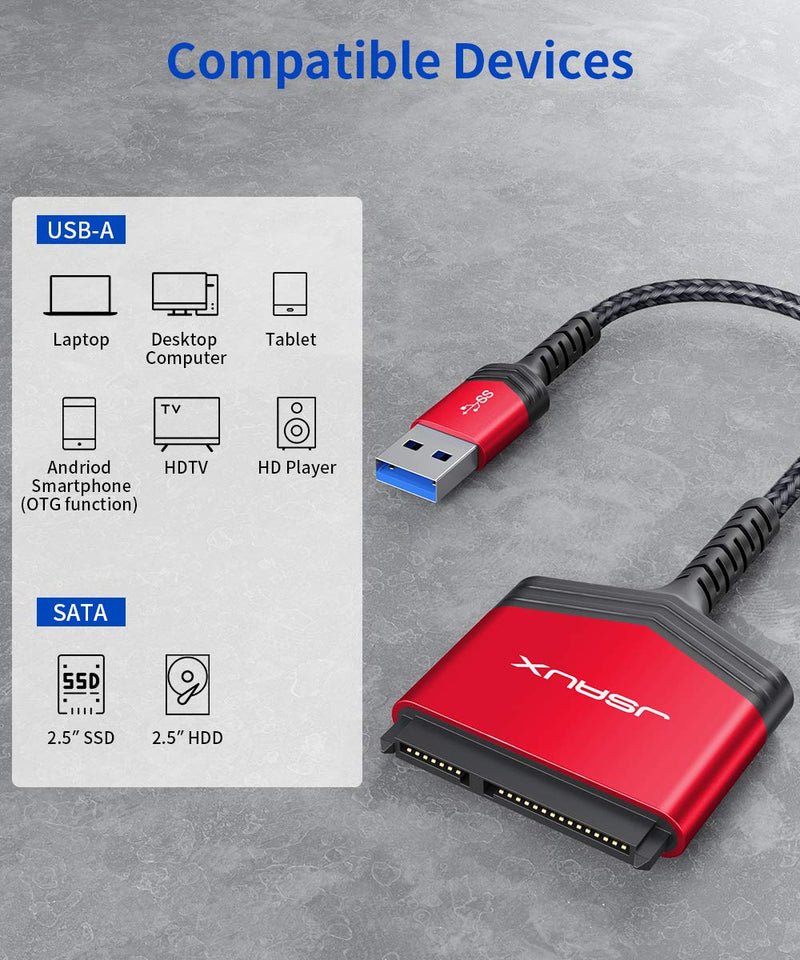 JSAUX SATA to USB A Cable, USB A 3.0 to 2.5” SATA III Hard Drive Adapter Aluminum Shell Nylon Cord External Converter for SSD/HDD Data Transfer-Red USB 3.0-SATA Red