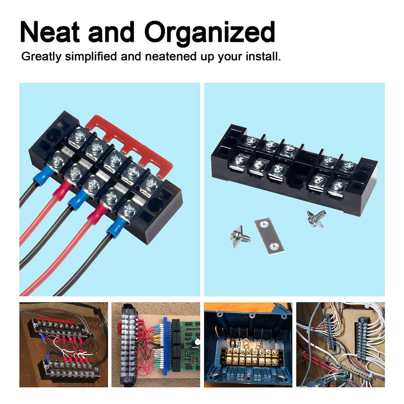 MILAPEAK Terminal Block and Strip - 6 Sets 4/5/6 Positions 600V 15A Dual Row Wire Screw Terminal Strip Block with Cover + 400V 15A Pre-Insulated Terminals Barrier Strips Jumpers (Black & Red) 15A 4/5/6P+Jumpers