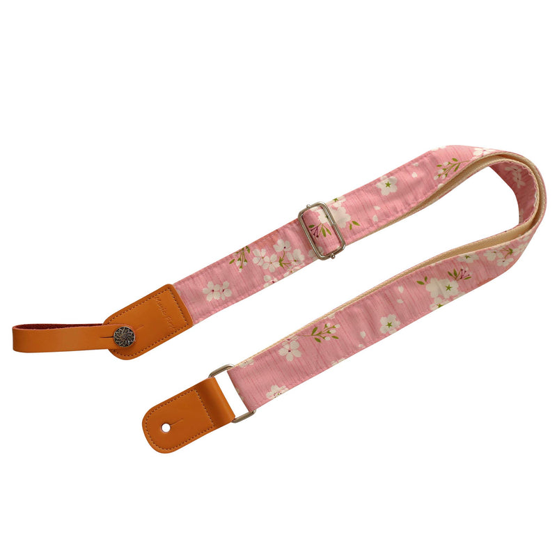 [AUSTRALIA] - MUSIC FIRST Original Design Vintage “Pink Sakura” Soft Cotton & Genuine Leather Ukulele Strap Ukulele Shoulder Strap With a MUSIC FIRST Genuine Leather Strap Locker 