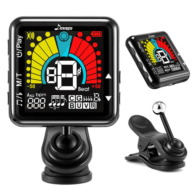 Donner Rechargeable Clip on Tuner for All Instrument, Guitar Ukulele Bass Banjo Vionlin Mandolin Digital Metronome Tuner Tone Generator 3 in 1