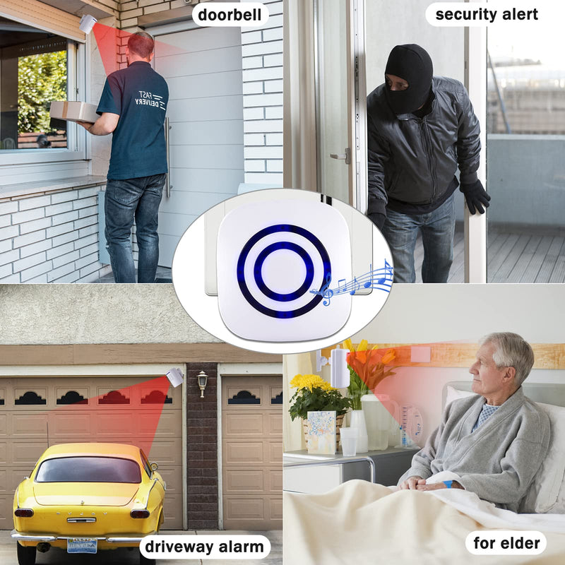 BESTOONE Motion Sensor Alarm, Long Range Wireless Driveway Alarm, Indoor Home Security System Electric Doorbells, 2 Motion Detector and 1 Alarm, 38 Chime Tunes, LED Indicator 1 alarm + 2 detector