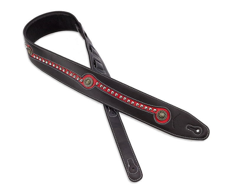 Walker & Williams Black & Red Top Grain Leather back Guitar Strap with Chrome and Brass Studs