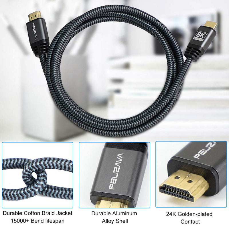 8K HDMI Cable 6ft, PEUZAVA 48Gbps Ultra High Speed HDMI 2.1 Cord, 8K@60HZ 4K@120Hz eARC HDR10 HDCP 2.2&2.3 Dolby Compatible with PS5 PS4 Xbox Series X Switch Apple Samsung Sony LG Roku TV Blu-ray