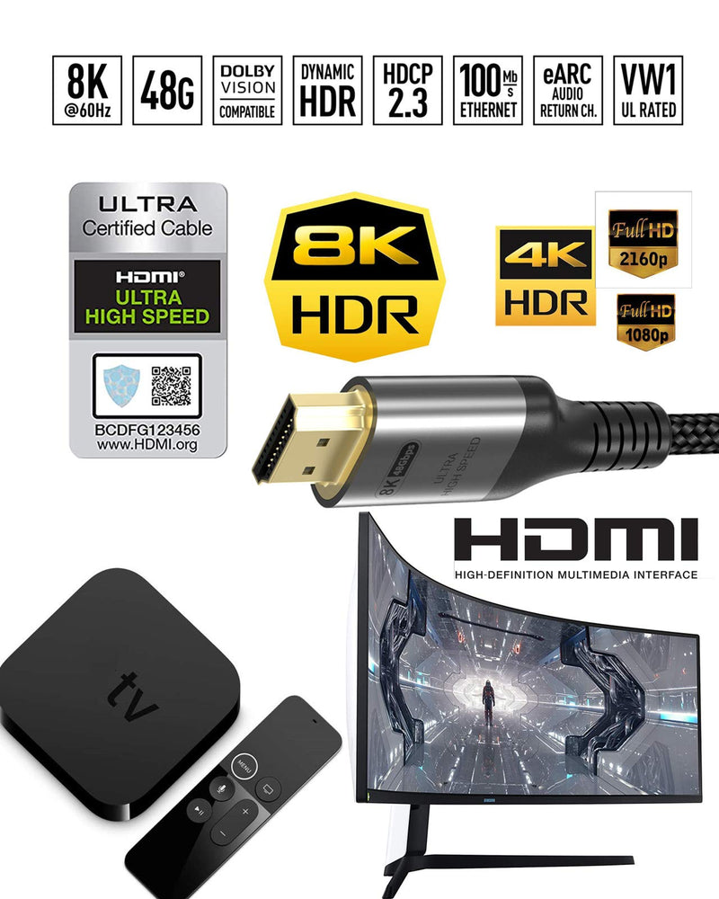 Ubluker 8k 4k HDMI Cable 48Gbps Officially Certified Ultra High Speed HDMI Cable 10k 8k60Hz 4k120Hz eARC HDR10 4:4:4 Compatible for Apple TV RTX 3090 PS5 8k 4k OLED TV Xbox Series X (6.6ft/2m) 6.6feet/200cm
