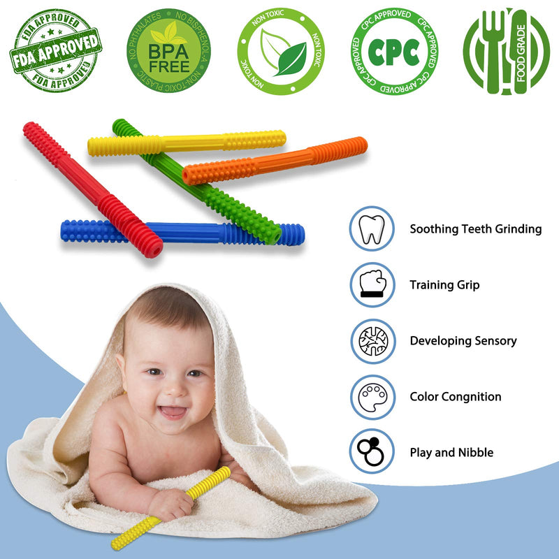 Tenozek Hollow Teething Tubes, Teething Toys for Babies 0-6 Months 5 Pack Baby Teether Tubes Silicone Teething Tubes Teether Straws for Infant Toddler Baby Girls and Boys