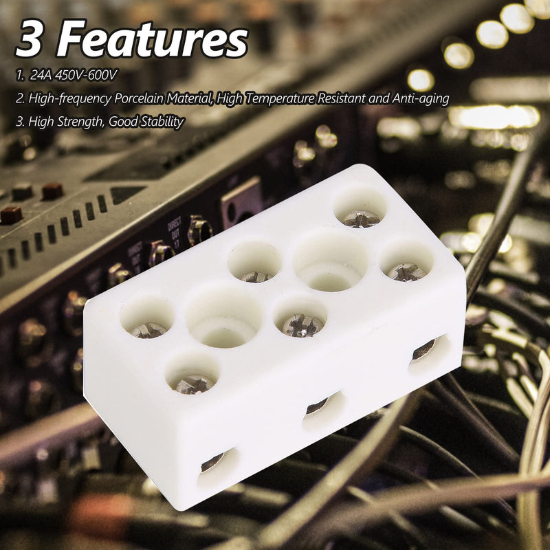 10PCS 3 Way Ceramic Terminal Block 24A Porcelain Terminal Block Wire Connector High Temperature Resistant for Electric Wire Cable 1.32x0.70x0.61in