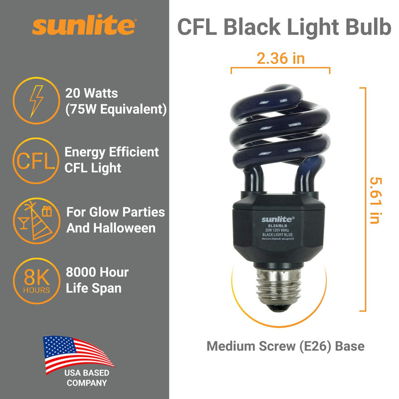 [AUSTRALIA] - Sunlite 05439-SU CFL Black Light Bulb (BLB), Perfect For Halloween, Spiral Blacklight, 20 Watts, 120 Volts, Medium Base (E26), 463nm, UL Listed, 1 Pack 