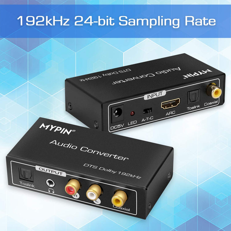 192KHz DAC Converter Multifunction Audio Converter, HDMI ARC Audio Extractor Adapter, Toslink(Optical) or Coaxial or HDMI ARC Input to Coaxial + Toslink(Optical) + Stereo L/R + 3.5mm Jack Output