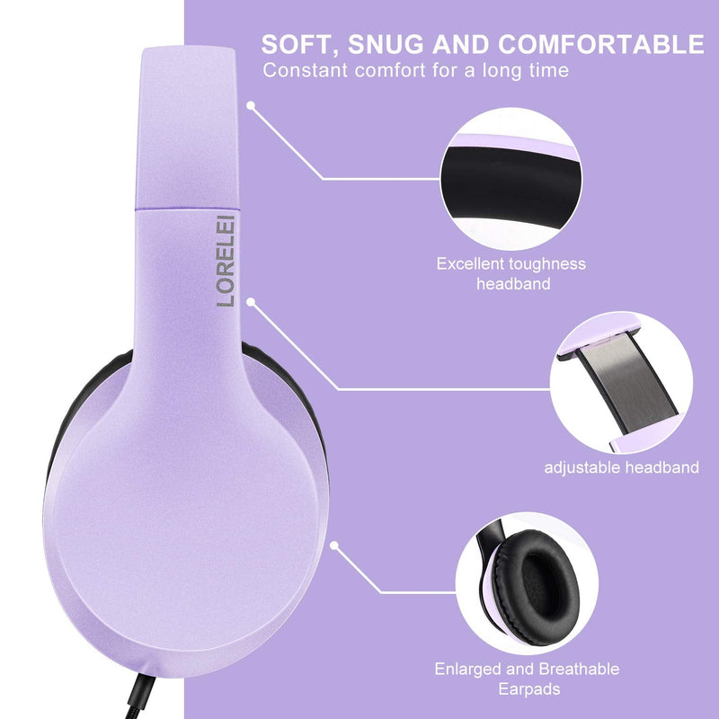 LORELEI X6 Over-Ear Headphones with Microphone, Lightweight Foldable & Portable Stereo Bass Headphones with 1.45M No-Tangle,Wired Headphones for Smartphone Tablet MP3 / 4 (Purple-Black) Dark Purple