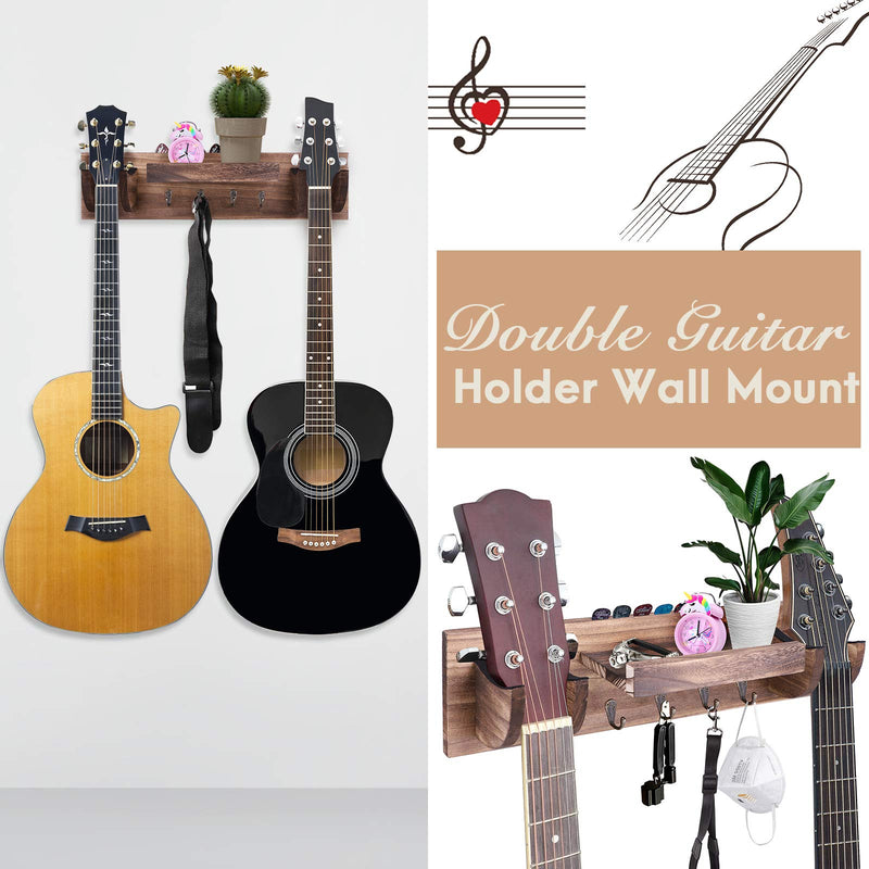 Double Guitar Wall Hangers, Wooden Guitar Wall Mount with Storage Shelf and Hooks, Guitar Holder Bracket Rack for Ukulele/Electric Guitar/Bass Guitar/Guitar Accessories (brown) brown