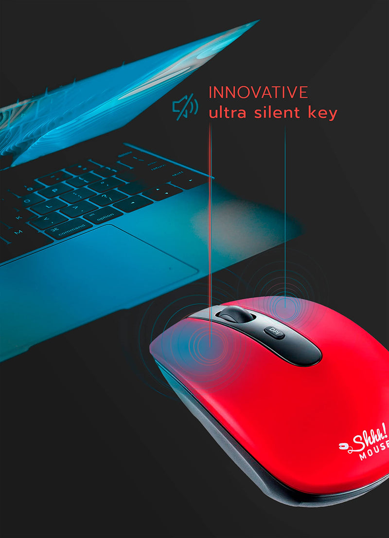 ShhhMouse Wireless Ergonomic Mouse for Laptop & Computer with USB, Silent Cordless Mice with 3 Adjustable DPI Levels for Chromebook (Red) Red