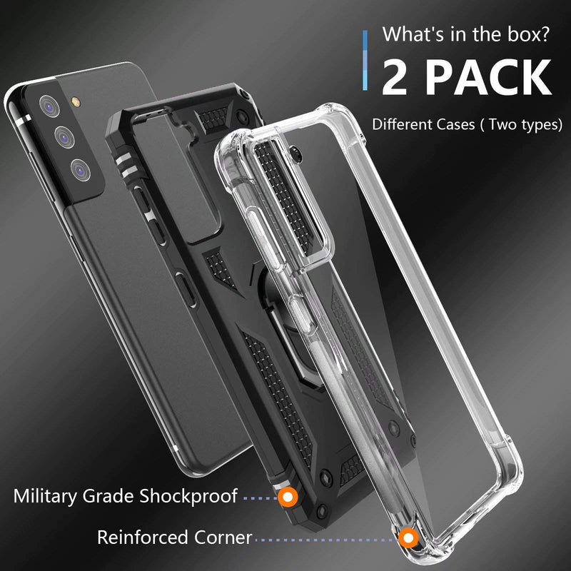 [2 Pack] Profer Compatible with Samsung Galaxy S21 5G Case [Not fit S21 Ultra] with Stand Kickstand Ring Magnetic Heavy Duty Defender Armor Military Grade Phone Cover for Samsung S21 Case Black