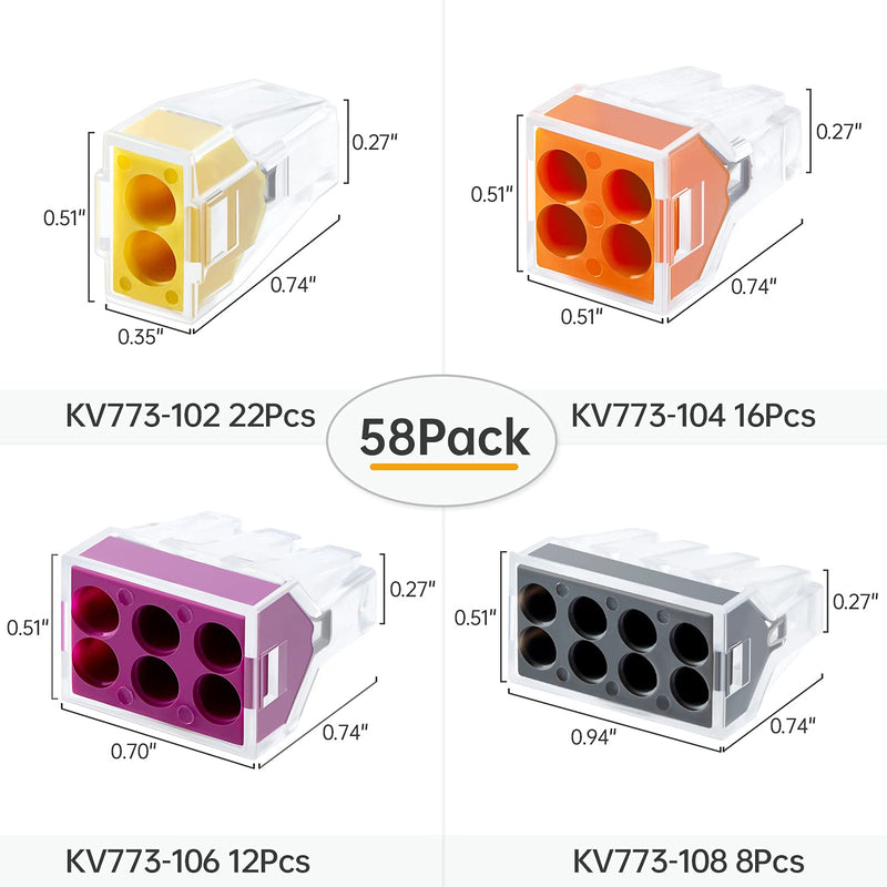 GKEEMARS 58 Pcs Push-in Wire Connector 773 2/4/ 6/8 Port Conductor Assortment Pack for Junction Box