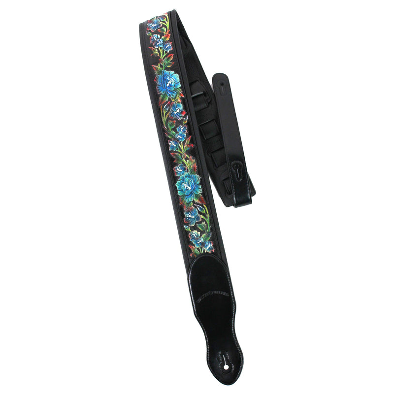 Walker And Williams KB-11 Gloss Black Strap w/Carved Cyan Blue Roses On Grain Leather