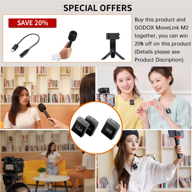 GODOX Handheld Adapter ML-H for MoveLink M1/M2 Wireless Microphone System,USBC Male to 3.5mm TRS Female Adpator,with Mini Tripod Phone Holder Set for Interviews,Hosting,Live Streaming