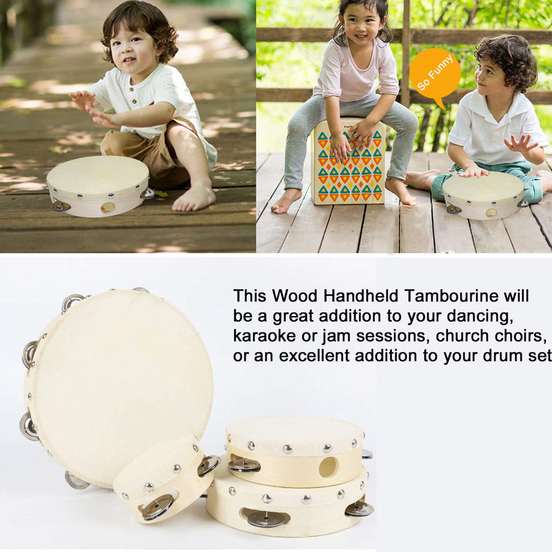 WeiMeet 2 Pieces Tambourines Wooden Handheld Tambourines with Jingel Bells 6 Inches and 8 Inches