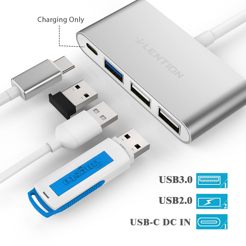 LENTION 4-in-1 USB-C Hub with Type C, USB 3.0, USB 2.0 Compatible 2020-2016 MacBook Pro 13/15/16, New Mac Air/Surface, ChromeBook, More, Multiport Charging & Connecting Adapter (CB-C13, Silver)