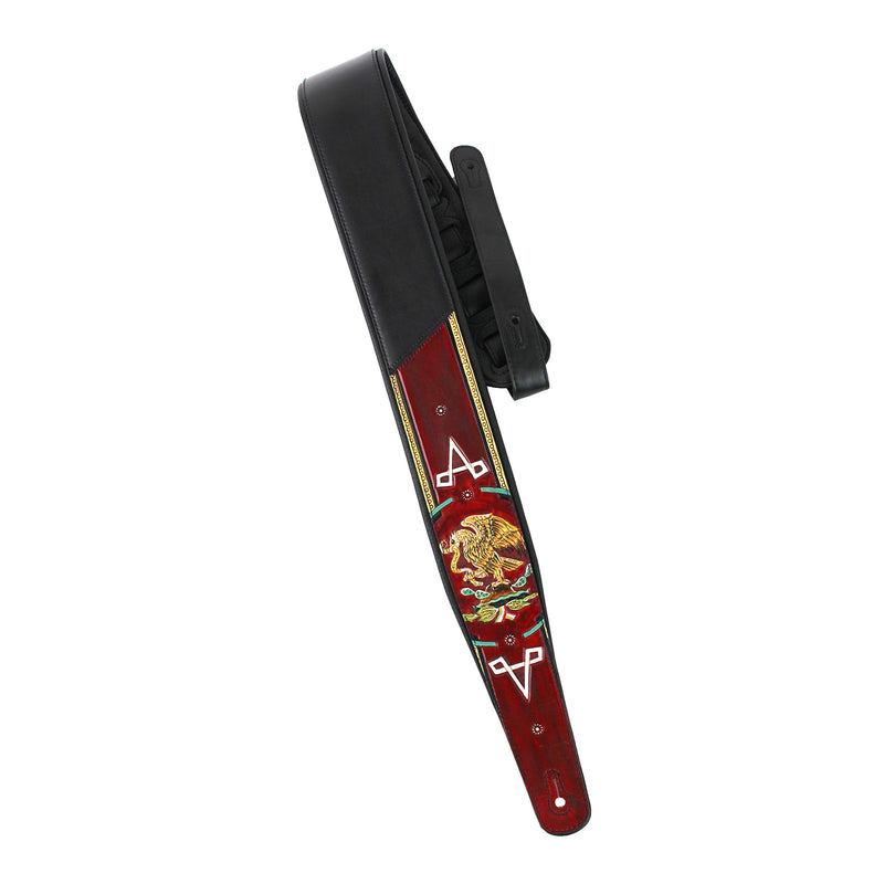 Walker And Williams KB-52-RD Black Strap w/Mexican Coat Of Arms Design On Scarlett Red Carved Leather