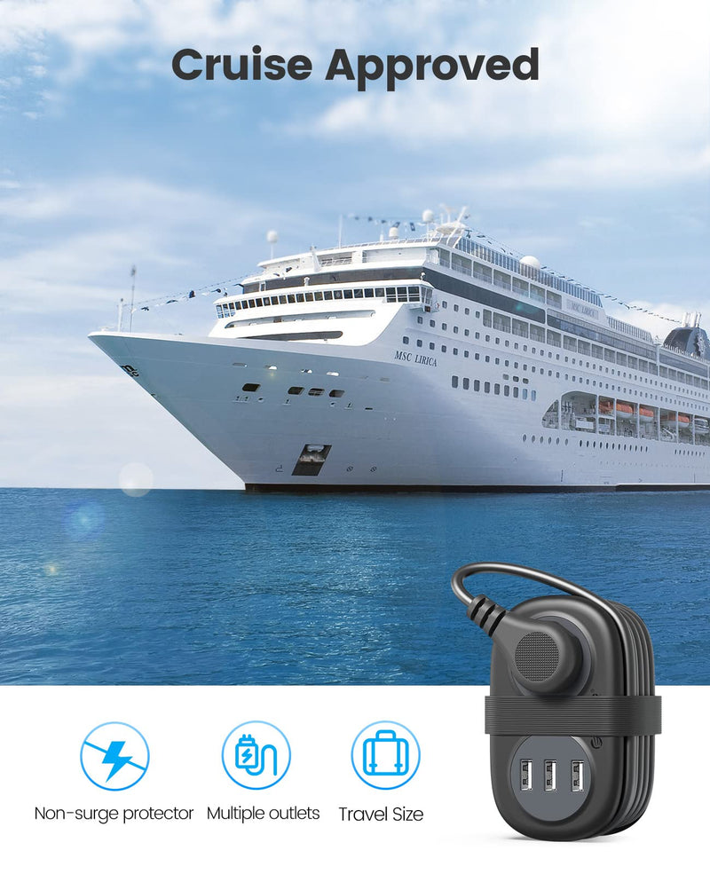 ORICO Travel Power Strip with USB Ports, Travel Essentials, 3.7FT Portable Power Strip Flat Plug, Short Extension Cord with 2 AC Outlets 3 USB Ports, Travel Must Haves Cruise Ship Essentials 3 USB-A | 2 Outlets
