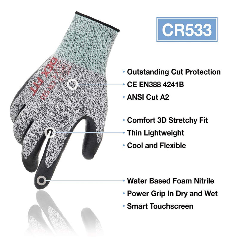 DEX FIT A2 Cut Resistant Gloves CR533, 3D Comfort Stretch Fit, Power Grip, Smart Touch, Thin & Lightweight, Durable Foam Nitrile Coating for Gardening & Mechanics, Gray X-Small 1 Pair X-Small(Pack of 2) Cr533 Grey 1pr