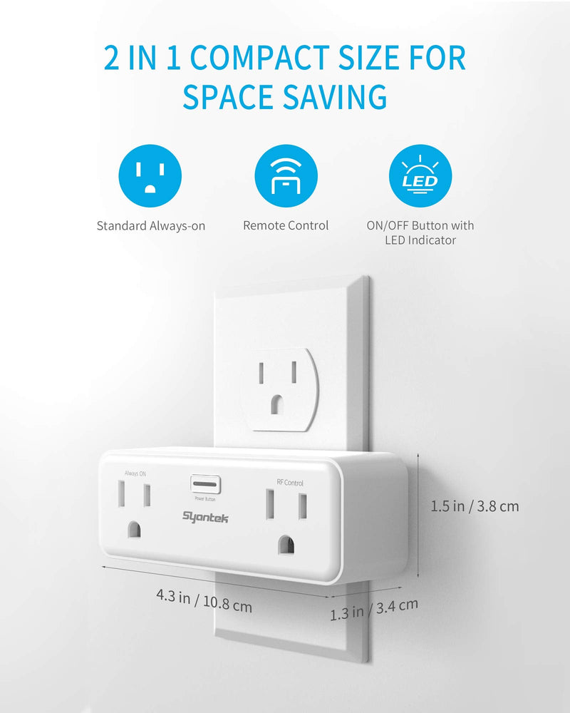 Syantek Wireless Remote Control Outlet for Home Appliances, Remote Switch Outlets up to 100ft Range, Programmable Remote Control Plug Outlet Kit, FCC Certified, White (2 Outlets + 1 Remote)